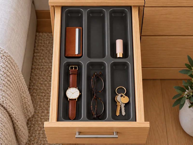 Séparateur noir modèle 063 dans un tiroir en bois, avec des lunettes, des bijoux et des accessoires du quotidien.