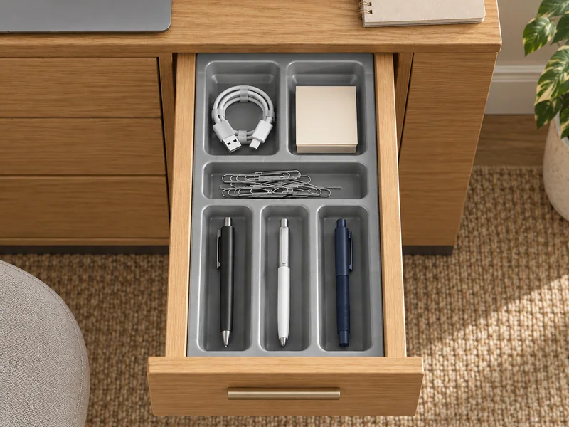 Séparateur gris modèle 064 dans un tiroir de bureau, avec des crayons, des notes et de petits accessoires.