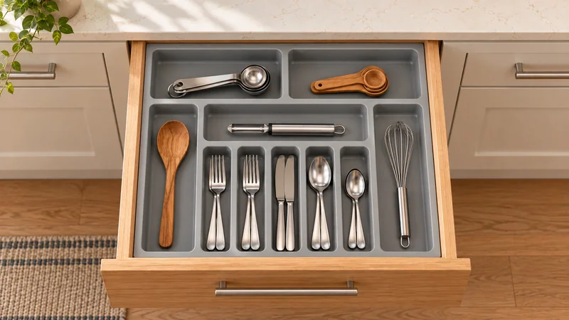 Séparateur gris modèle 101 dans un tiroir de cuisine en bois, avec des couverts et des ustensiles bien rangés.