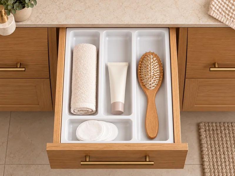 Séparateur blanc modèle 041 installé dans un tiroir de vanité, avec une serviette, une brosse et des produits de soin.